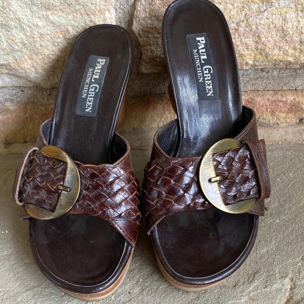 Paul Green Dark Brown Woven Leather Mules